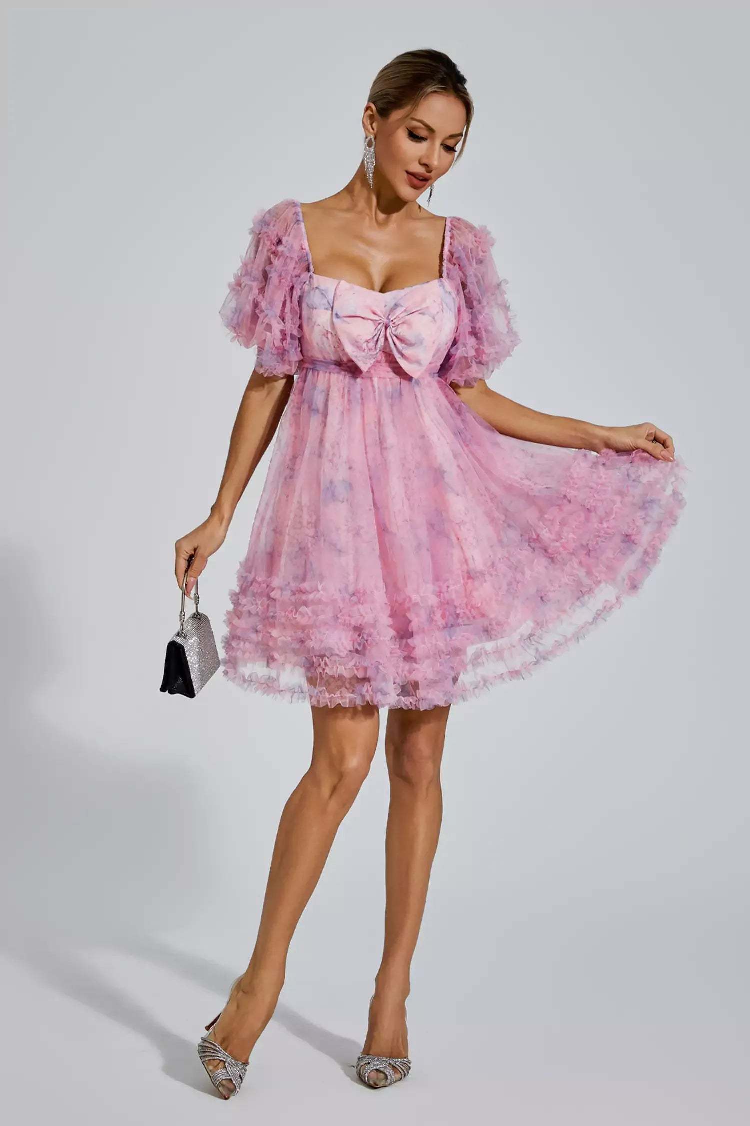 Pink Square neck Puff Sleeve Ruffle pleted Butterfly Bow Summer Birthday Mini Dress | Mix Mix Style