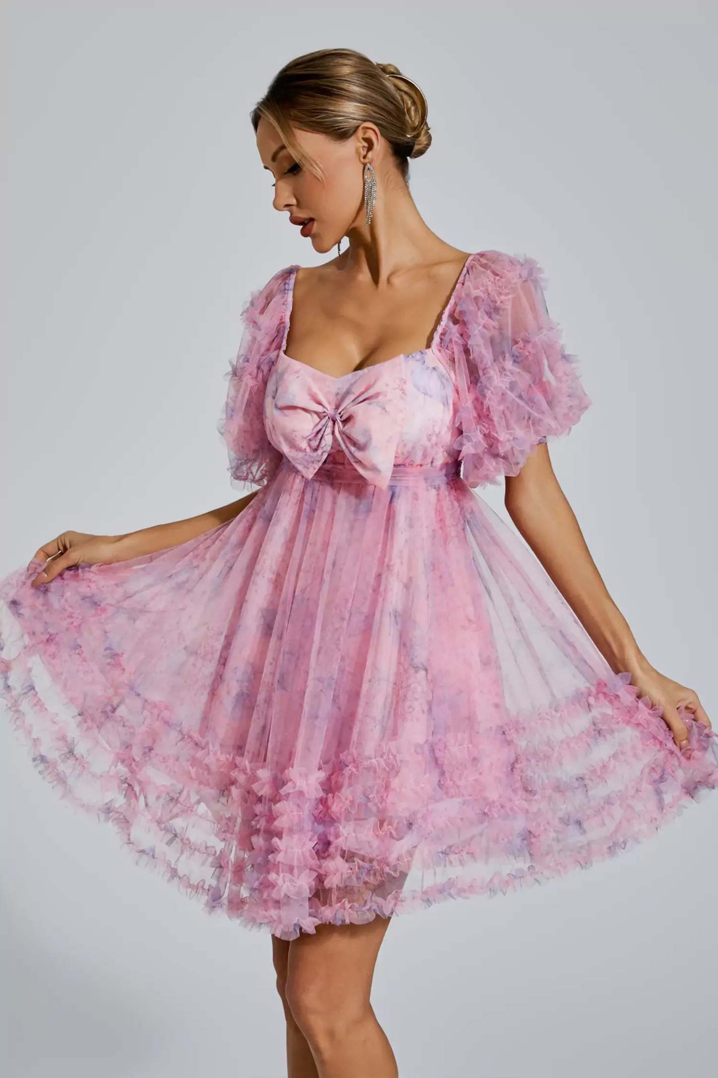 Pink Square neck Puff Sleeve Ruffle pleted Butterfly Bow Summer Birthday Mini Dress | Mix Mix Style-Mix MIx Style