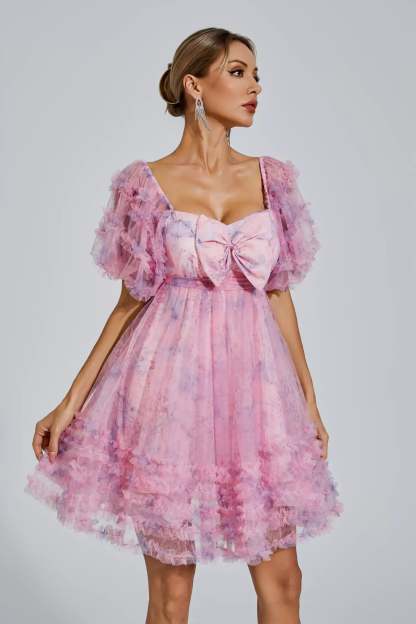 Pink Square neck Puff Sleeve Ruffle pleted Butterfly Bow Summer Birthday Mini Dress | Mix Mix Style