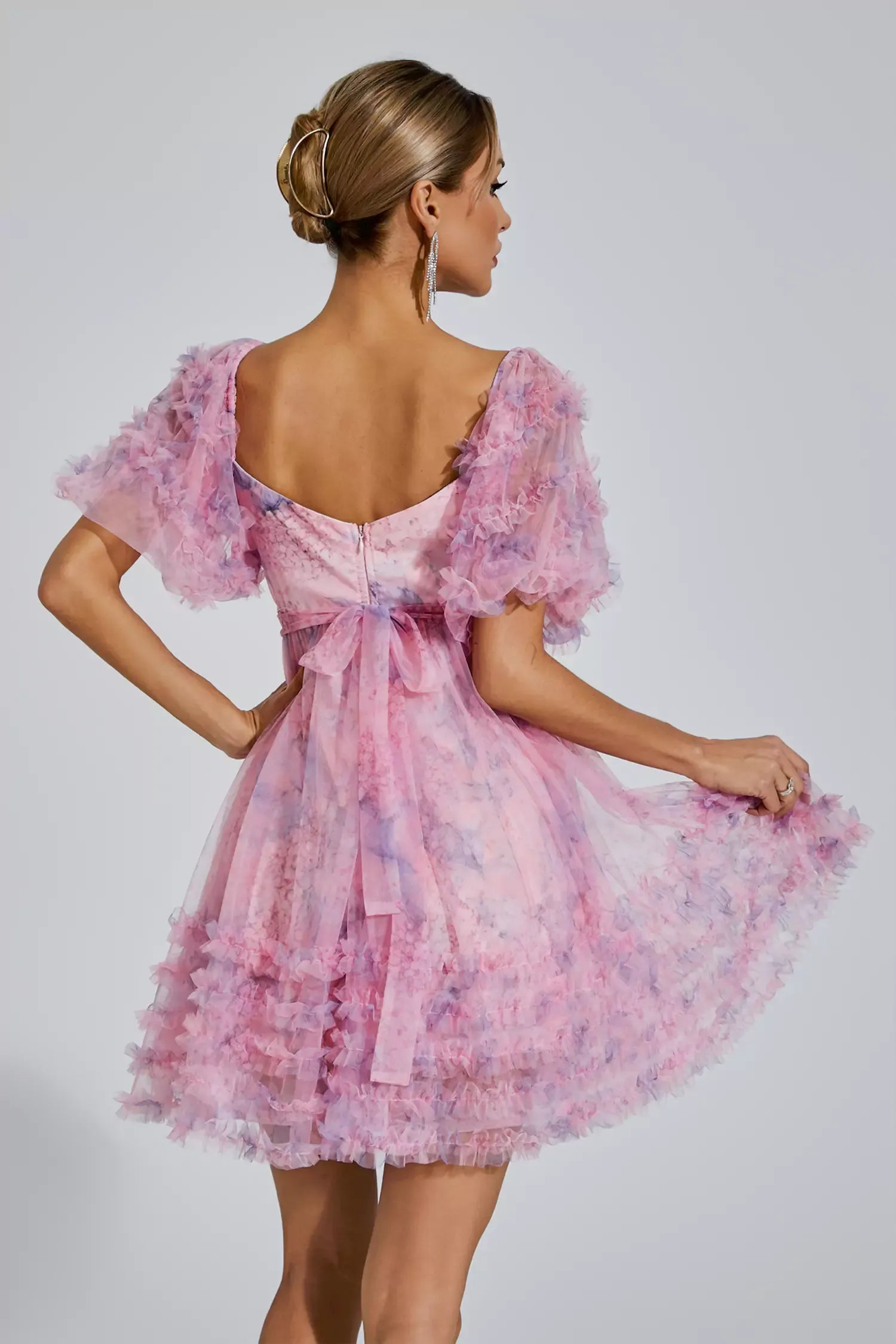 Pink Square neck Puff Sleeve Ruffle pleted Butterfly Bow Summer Birthday Mini Dress | Mix Mix Style