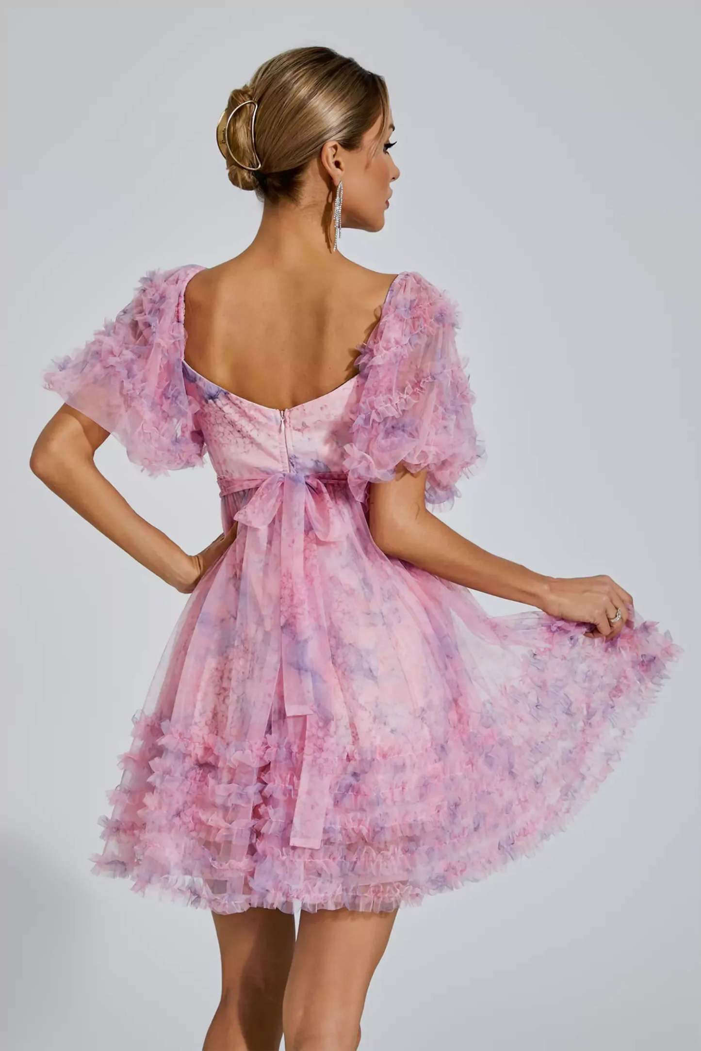 Pink Square neck Puff Sleeve Ruffle pleted Butterfly Bow Summer Birthday Mini Dress | Mix Mix Style