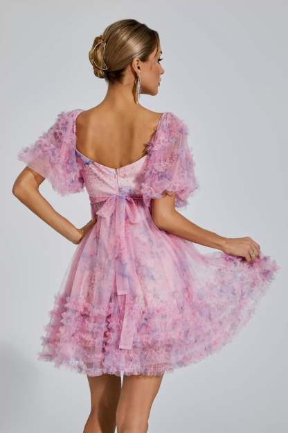 Pink Square neck Puff Sleeve Ruffle pleted Butterfly Bow Summer Birthday Mini Dress | Mix Mix Style
