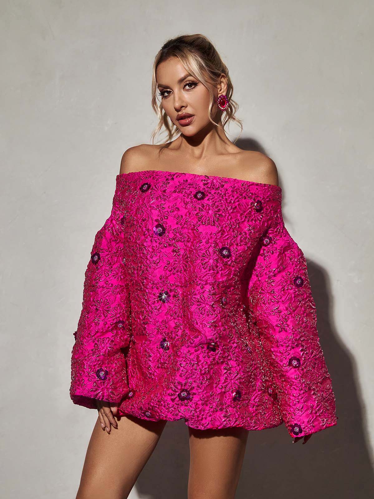Pink Long Sleeve Jacquard Mini Dress | Mix Mix Style [Hot Seller]-Mix MIx Style