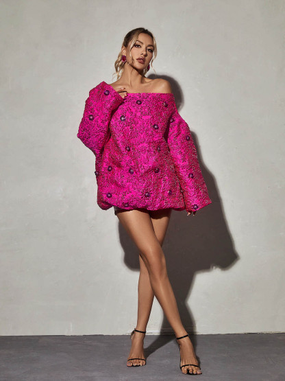 Pink Long Sleeve Jacquard Mini Dress | Mix Mix Style [Hot Seller]-Mix MIx Style