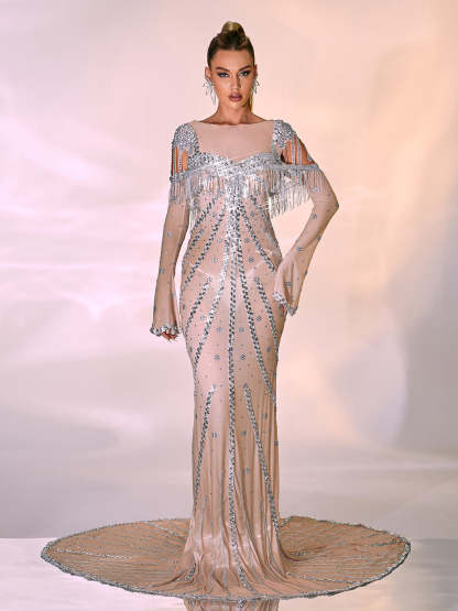 Silver Long Sleeve Sequin Mesh Maxi Dress | Mix Mix Style [Hot Seller]-Mix MIx Style