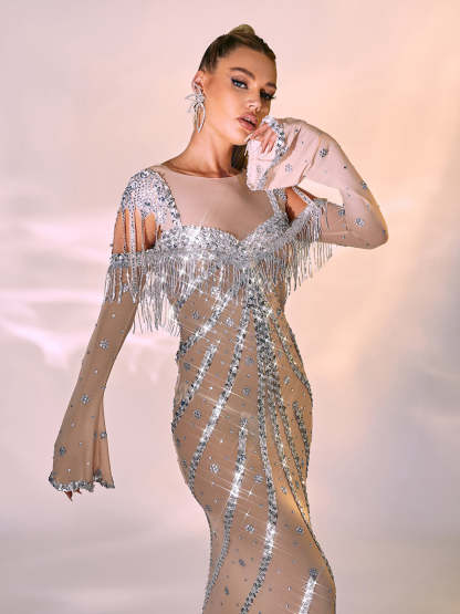 Silver Long Sleeve Sequin Mesh Maxi Dress | Mix Mix Style [Hot Seller]-Mix MIx Style