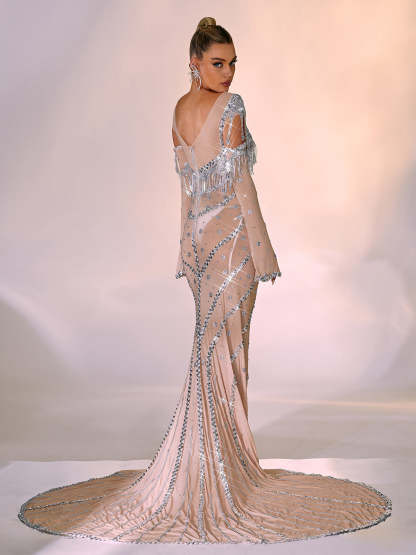 Silver Long Sleeve Sequin Mesh Maxi Dress | Mix Mix Style [Hot Seller]-Mix MIx Style