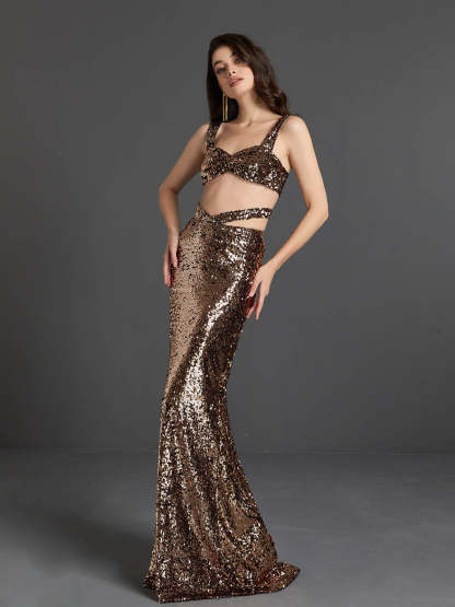 Rebekah Sequin Cutout Skirt Set In Gold-Mix MIx Style