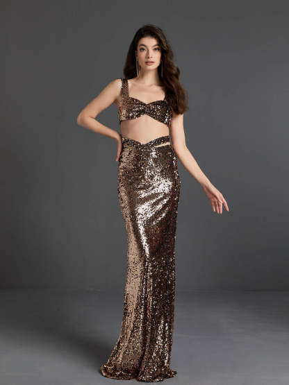 Rebekah Sequin Cutout Skirt Set In Gold-Mix MIx Style