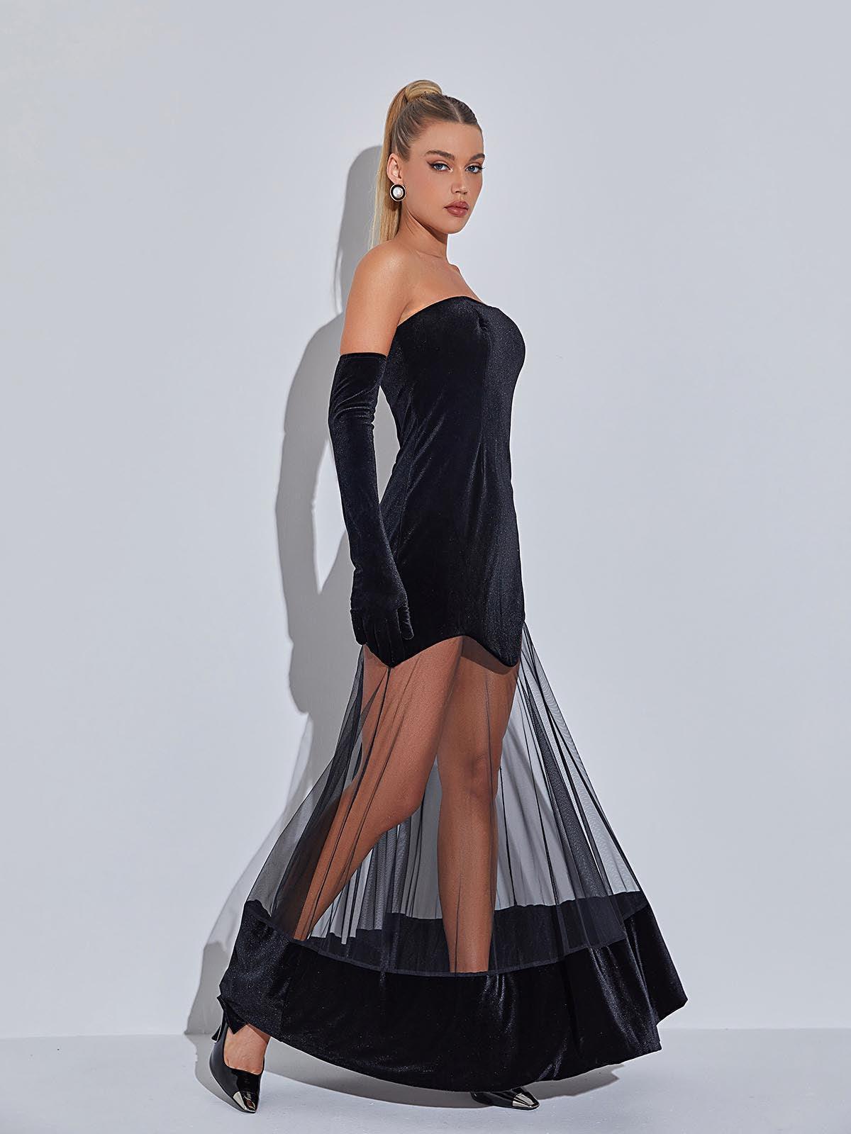 Rena Strapless Velvet Mesh Maxi Dress-Mix MIx Style