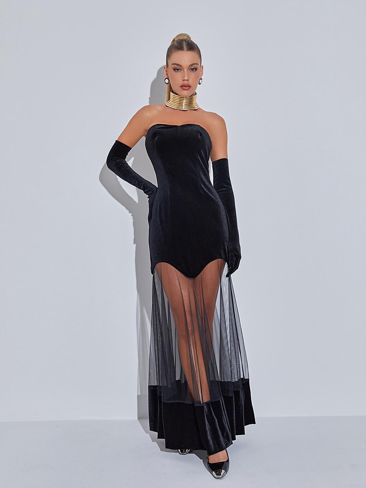 Rena Strapless Velvet Mesh Maxi Dress-Mix MIx Style