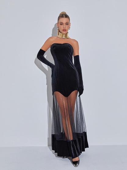 Rena Strapless Velvet Mesh Maxi Dress-Mix MIx Style