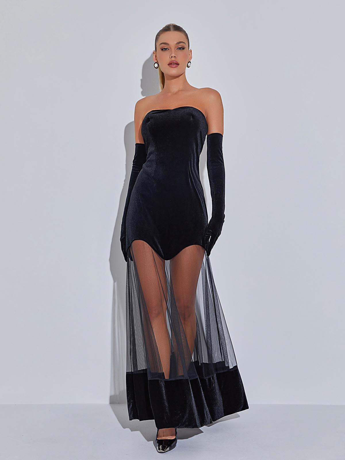 Rena Strapless Velvet Mesh Maxi Dress-Mix MIx Style
