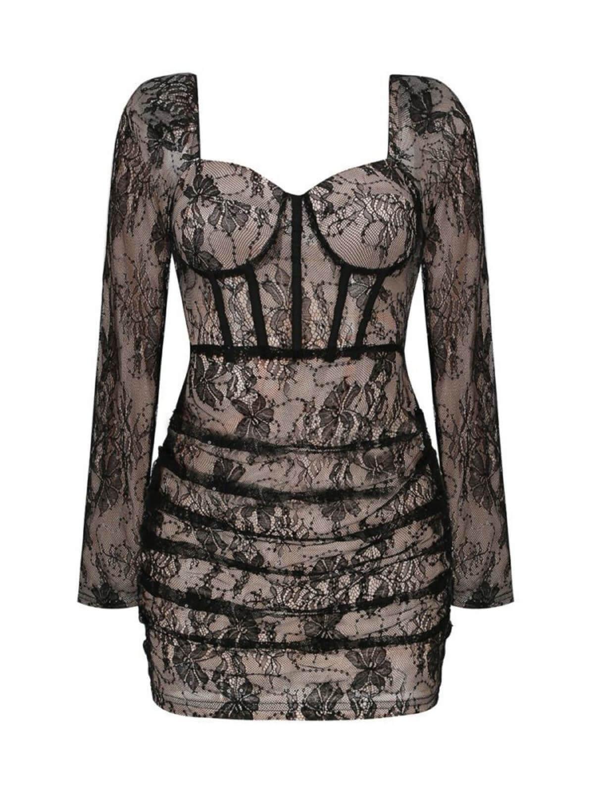 Black Long Sleeve Lace Mini Dress | Mix Mix Style [Hot Seller]-Mix MIx Style