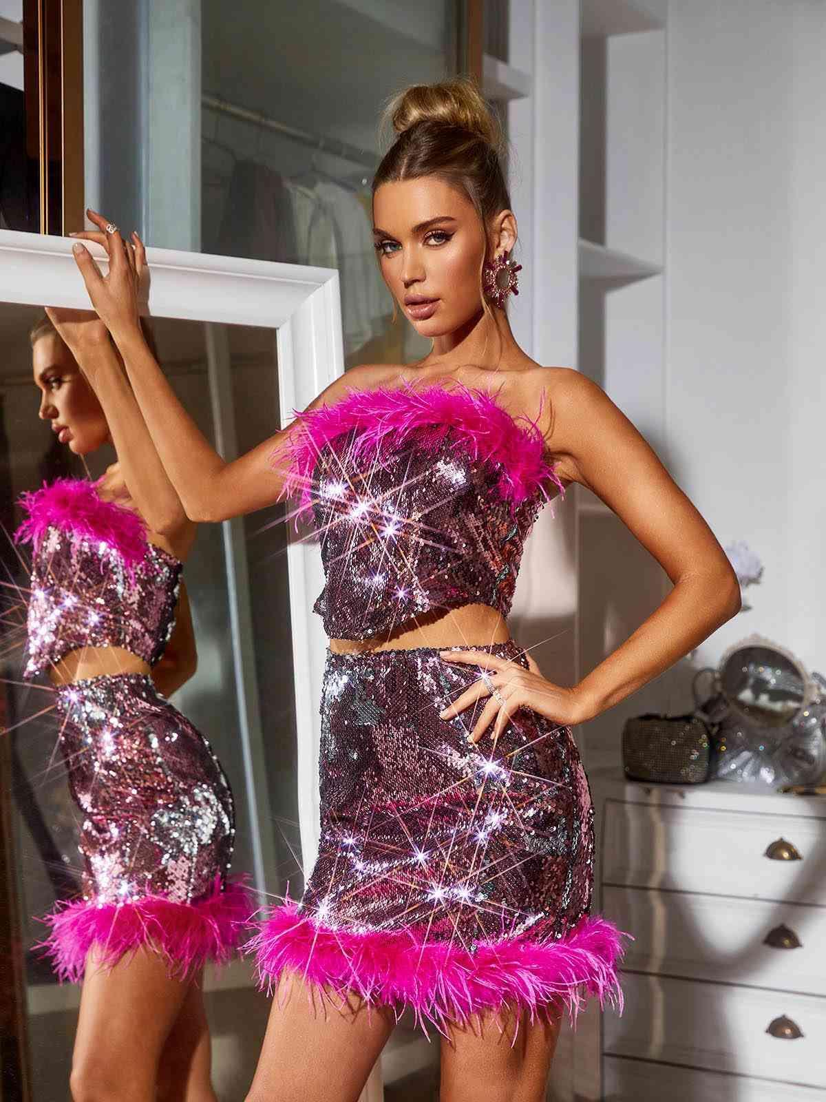 Rhoda Feather Sequin Set In Hot Pink-Mix MIx Style