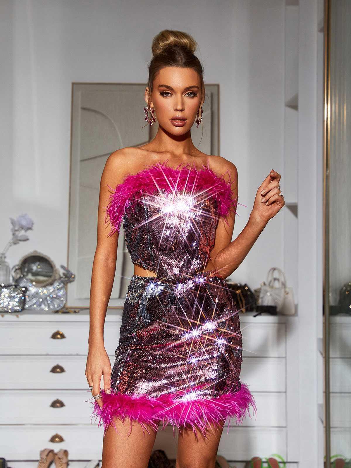 Rhoda Feather Sequin Set In Hot Pink-Mix MIx Style