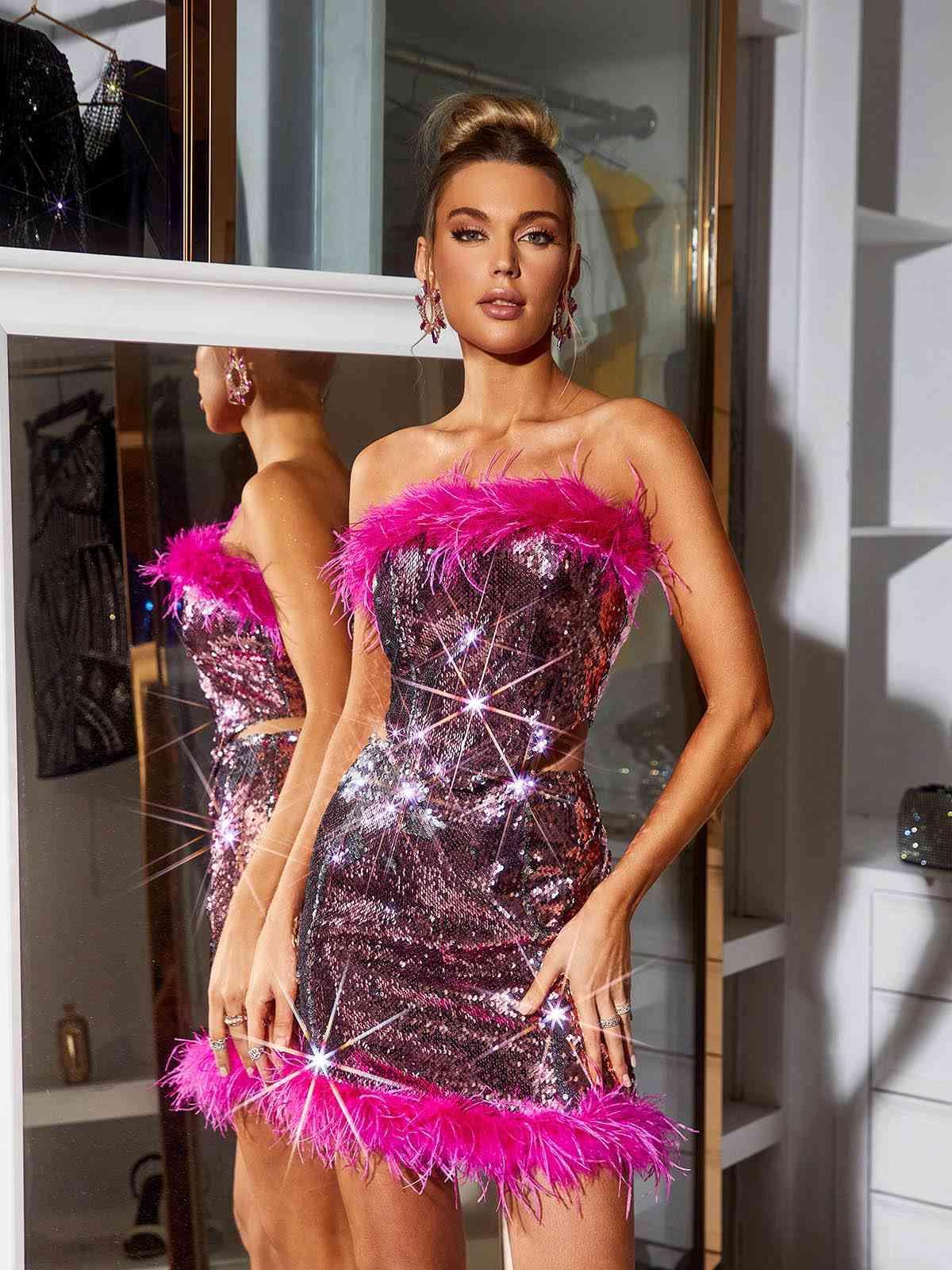 Rhoda Feather Sequin Set In Hot Pink-Mix MIx Style
