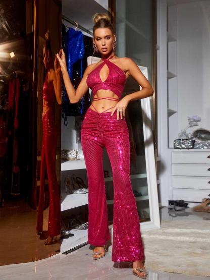Rhode Halterneck Sequin Set In Hot Pink-Mix MIx Style