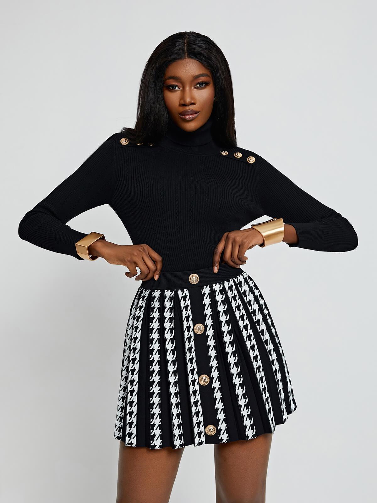 Rhonda Houndstooth Button Knitted Skirt-Mix MIx Style