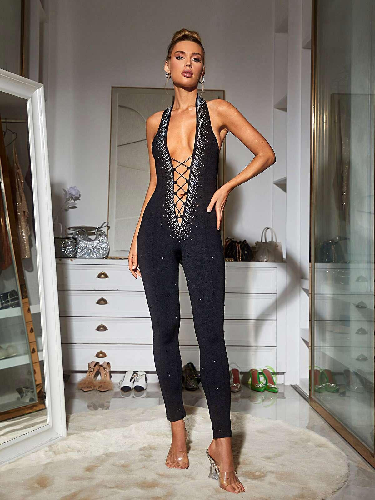 Black V Neck Plunge Neck Jumpsuit | Mix Mix Style [Hot Seller]-Mix MIx Style