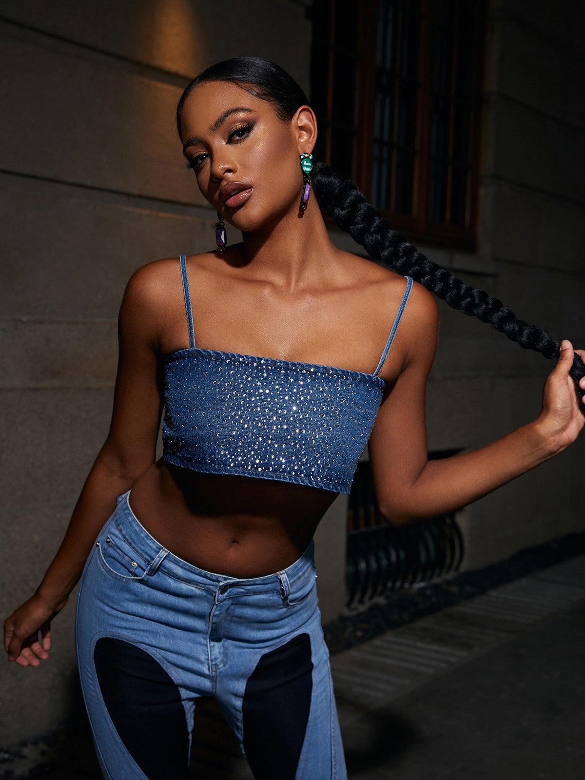 Blue Rhinestone Denim Top | Mix Mix Style [Hot Seller]-Mix MIx Style