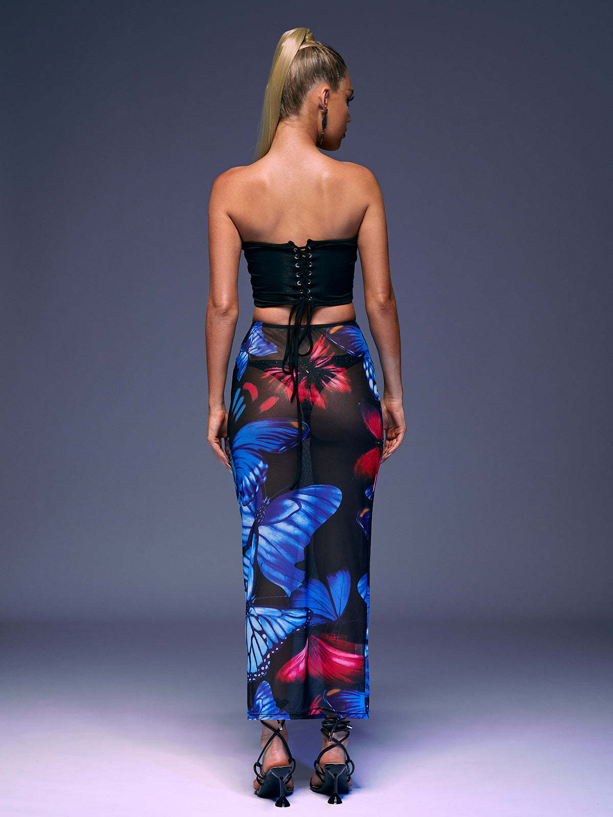 Blue Strapless Butterfly Printed Maxi Skirt Set | Mix Mix Style [Hot Seller]-Mix MIx Style