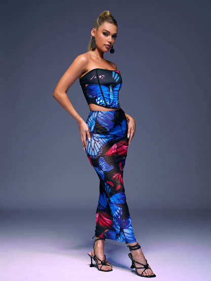 Blue Strapless Butterfly Printed Maxi Skirt Set | Mix Mix Style [Hot Seller]-Mix MIx Style