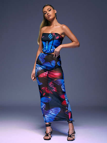 Blue Strapless Butterfly Printed Maxi Skirt Set | Mix Mix Style [Hot Seller]-Mix MIx Style