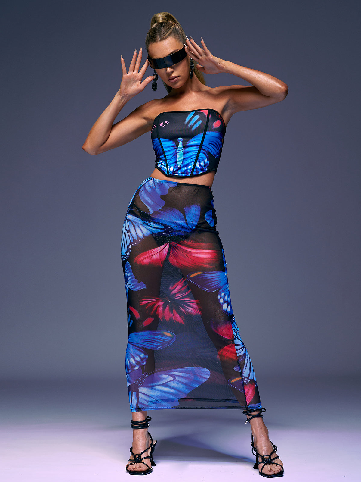 Blue Strapless Butterfly Printed Maxi Skirt Set | Mix Mix Style [Hot Seller]-Mix MIx Style