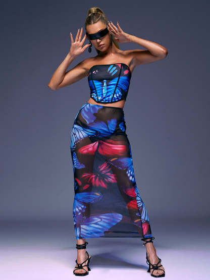 Blue Strapless Butterfly Printed Maxi Skirt Set | Mix Mix Style [Hot Seller]-Mix MIx Style