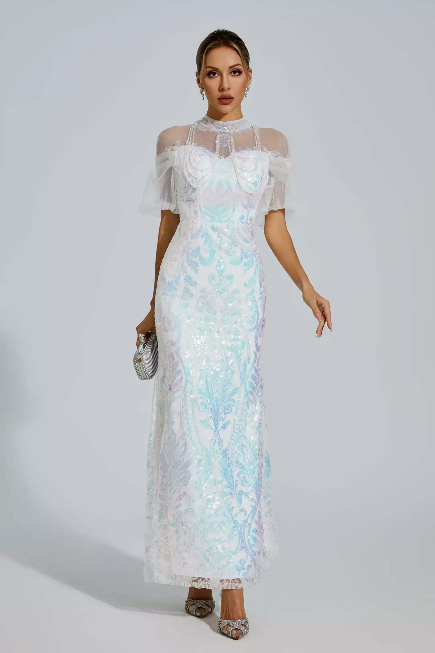 White Iridescent Stand Dollar Short Sleeve Mesh Sequins Prom Party Maxi Dress | Mix Mix Style