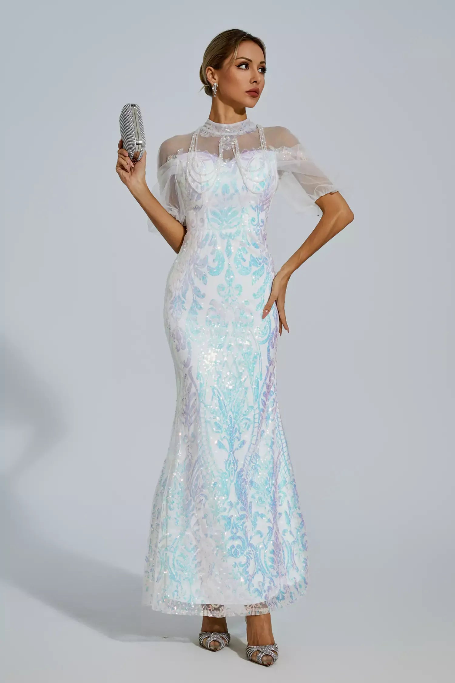 White Iridescent Stand Dollar Short Sleeve Mesh Sequins Prom Party Maxi Dress | Mix Mix Style