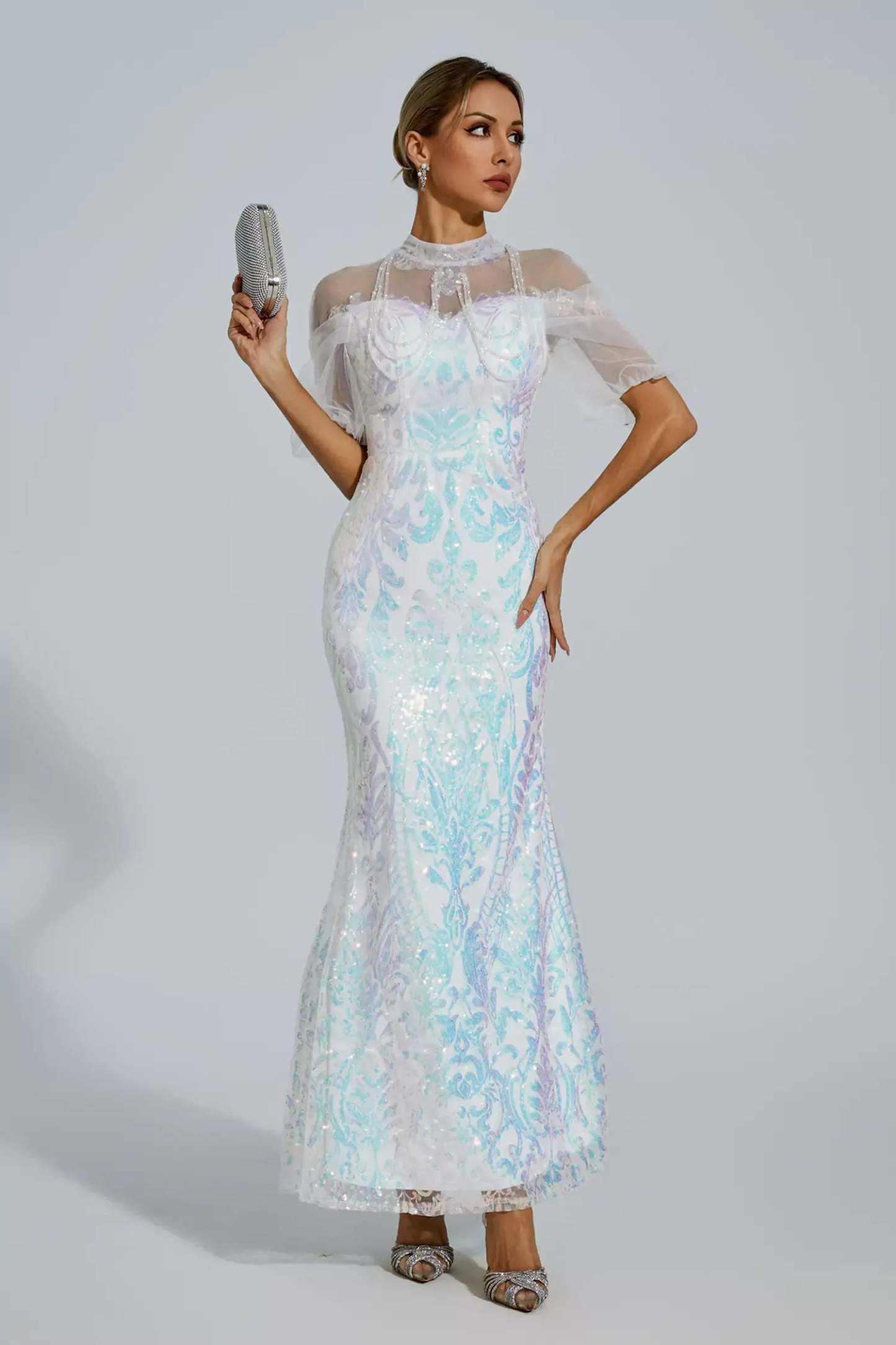 White Iridescent Stand Dollar Short Sleeve Mesh Sequins Prom Party Maxi Dress | Mix Mix Style