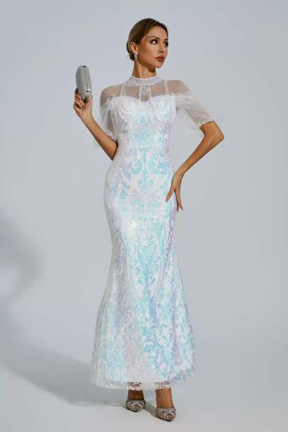 White Iridescent Stand Dollar Short Sleeve Mesh Sequins Prom Party Maxi Dress | Mix Mix Style