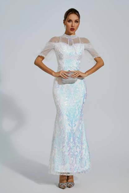 White Iridescent Stand Dollar Short Sleeve Mesh Sequins Prom Party Maxi Dress | Mix Mix Style
