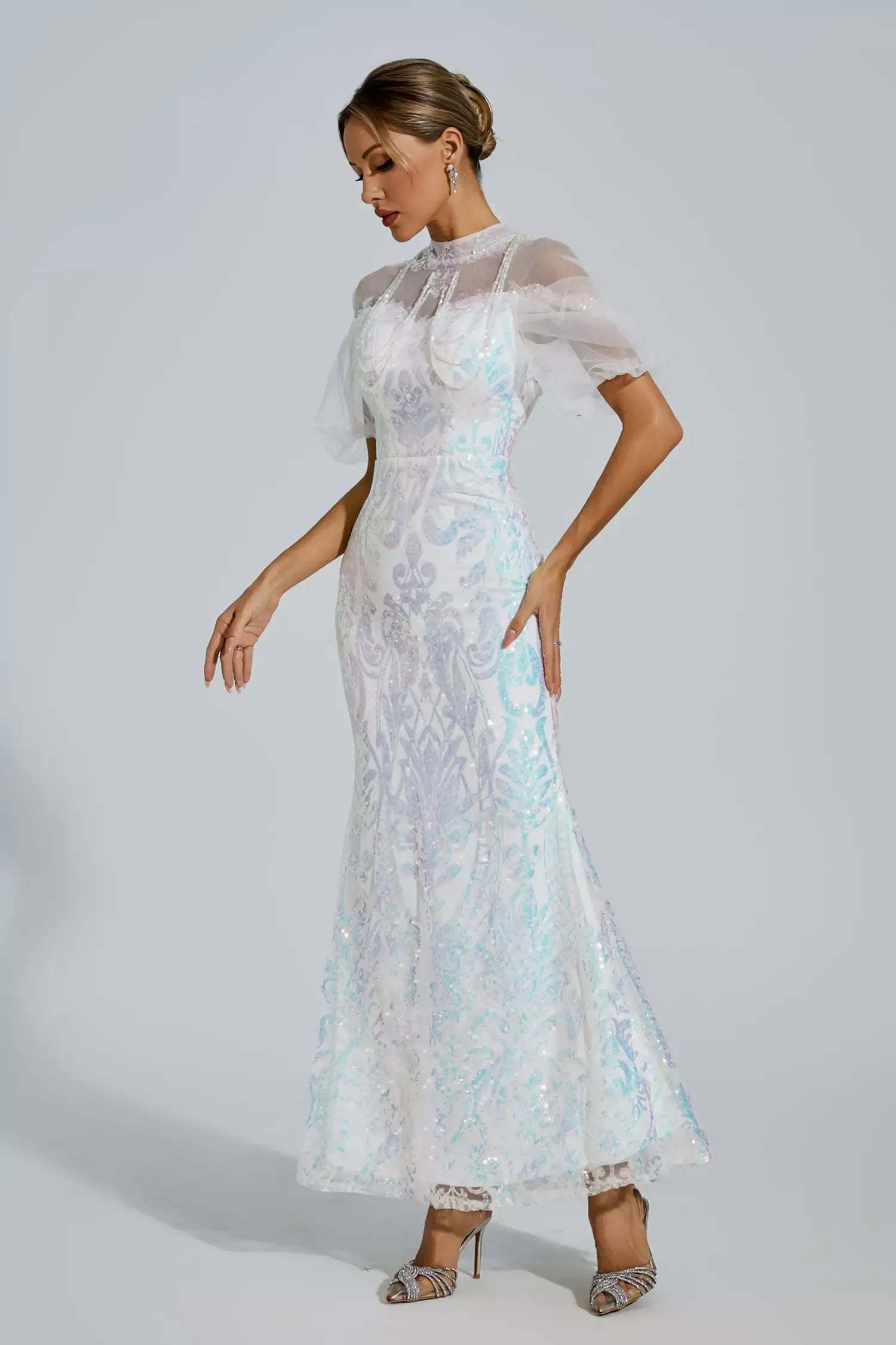 White Iridescent Stand Dollar Short Sleeve Mesh Sequins Prom Party Maxi Dress | Mix Mix Style