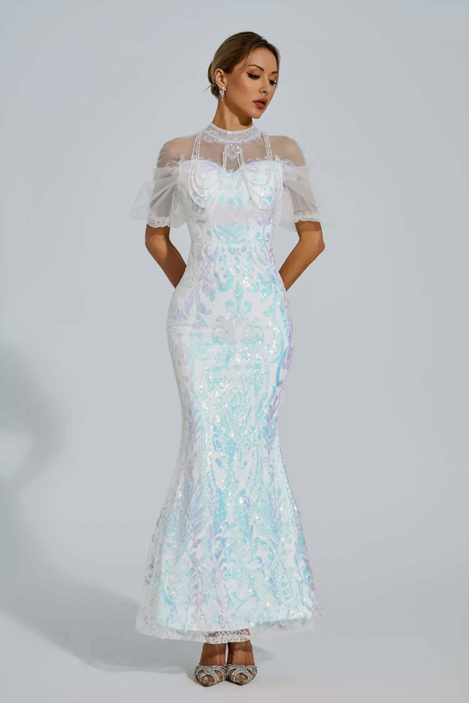 White Iridescent Stand Dollar Short Sleeve Mesh Sequins Prom Party Maxi Dress | Mix Mix Style