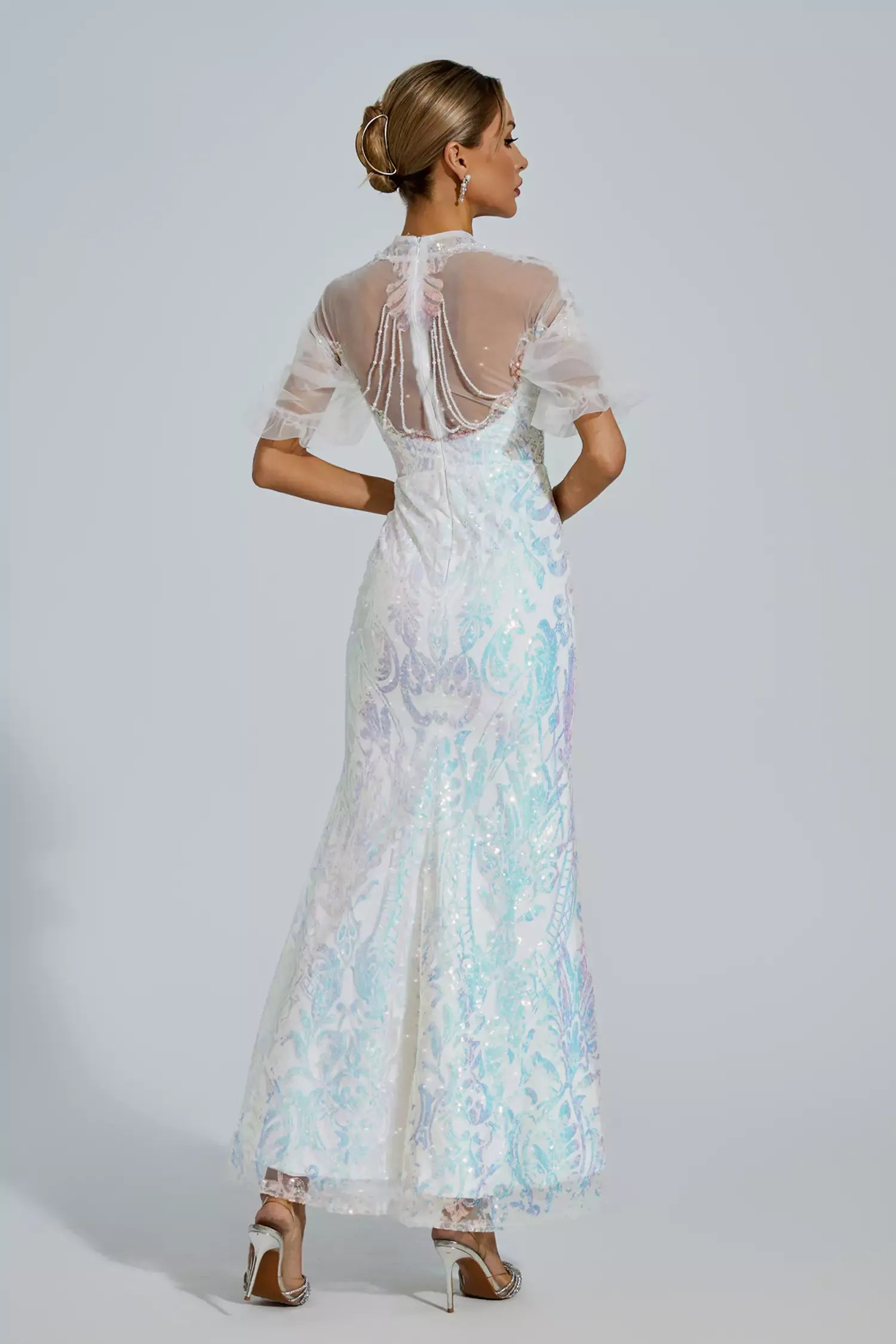 White Iridescent Stand Dollar Short Sleeve Mesh Sequins Prom Party Maxi Dress | Mix Mix Style