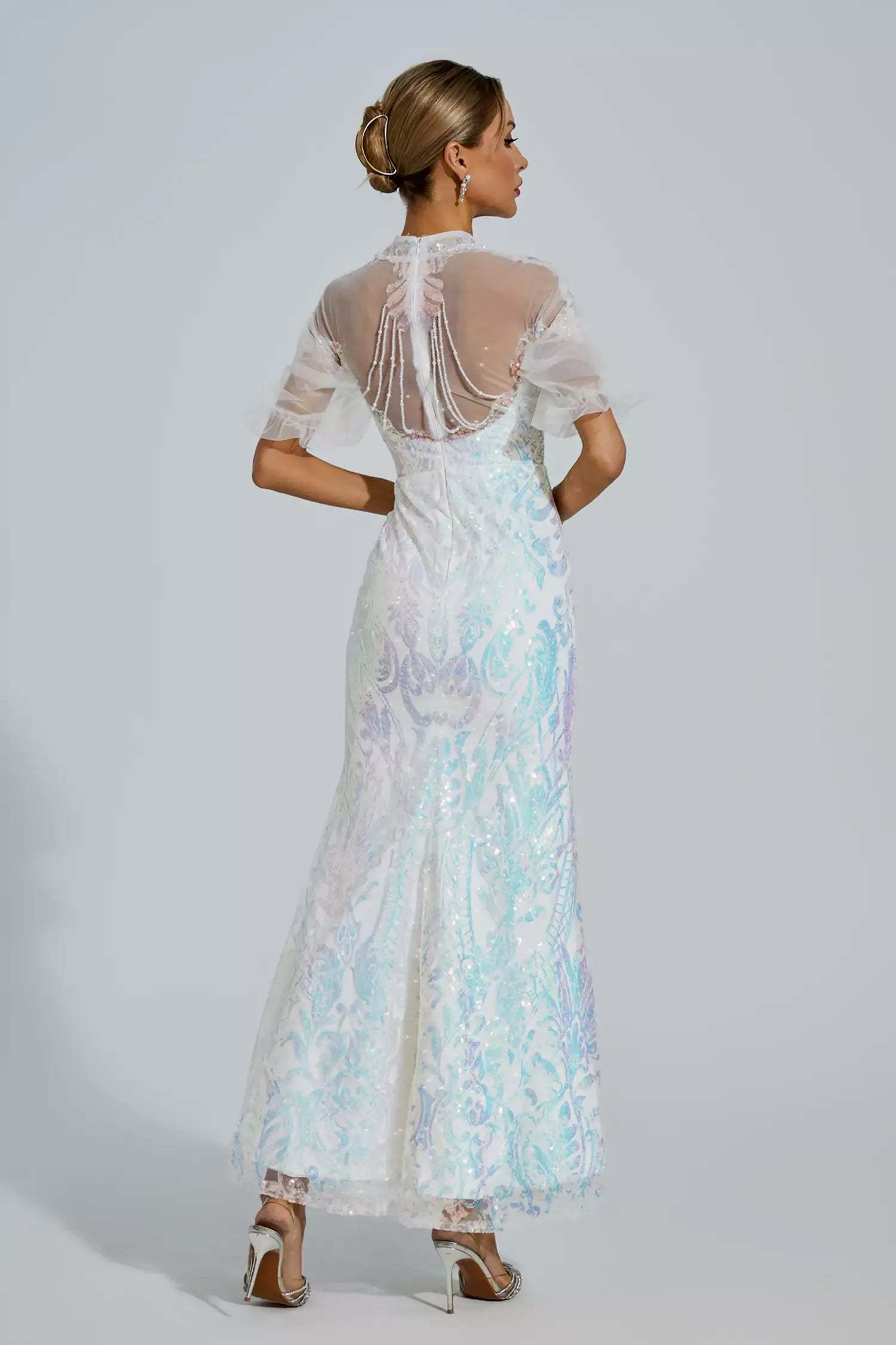 White Iridescent Stand Dollar Short Sleeve Mesh Sequins Prom Party Maxi Dress | Mix Mix Style-Mix MIx Style