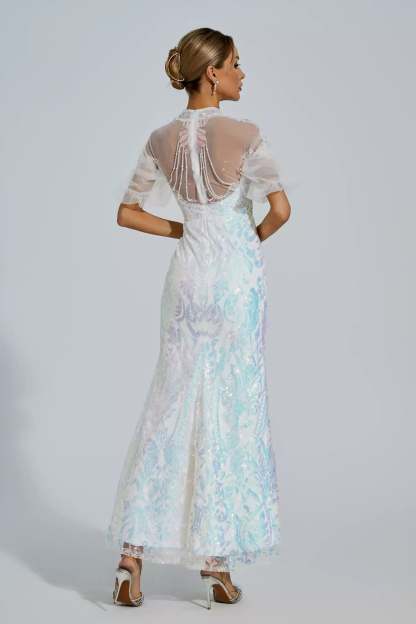 White Iridescent Stand Dollar Short Sleeve Mesh Sequins Prom Party Maxi Dress | Mix Mix Style