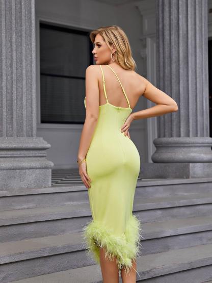 Romilly Asymmetric Feather Midi Dress In Green-Mix MIx Style