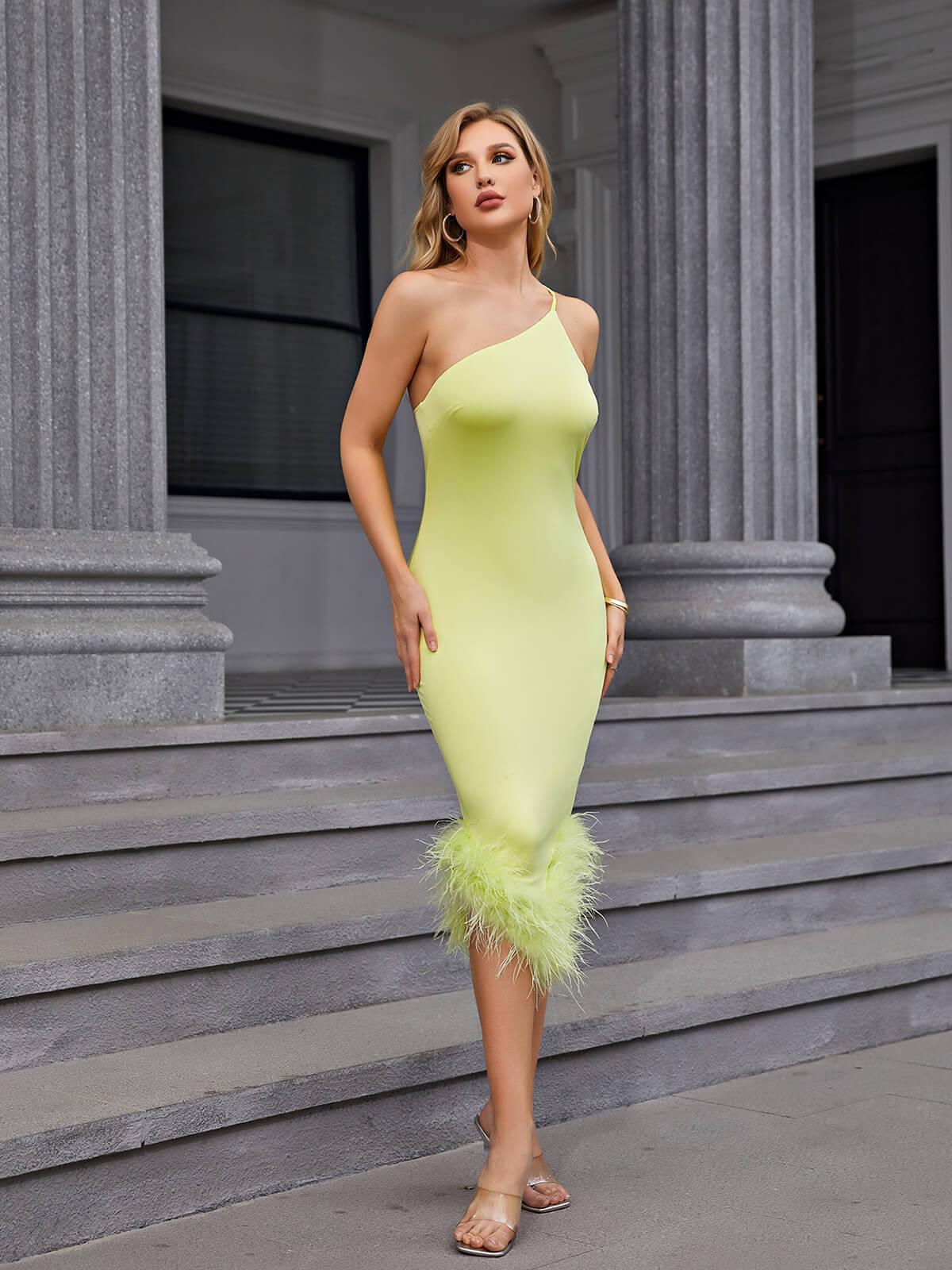 Romilly Asymmetric Feather Midi Dress In Green-Mix MIx Style