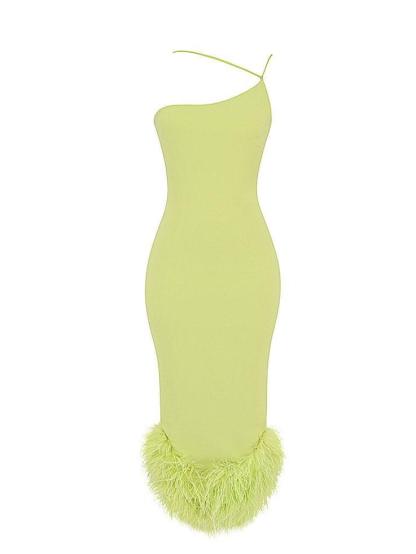 Romilly Asymmetric Feather Midi Dress In Green-Mix MIx Style