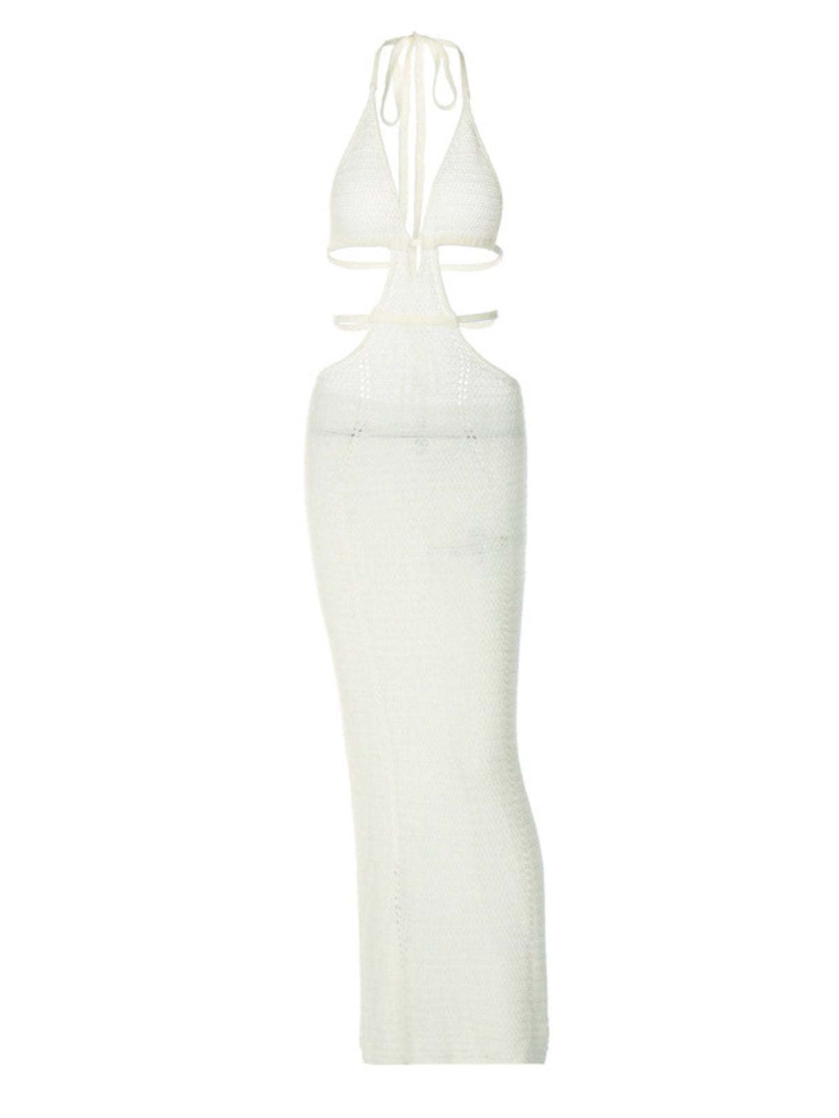 White Cutout Halterneck Knit Maxi Dress | Mix Mix Style [Hot Seller]-Mix MIx Style