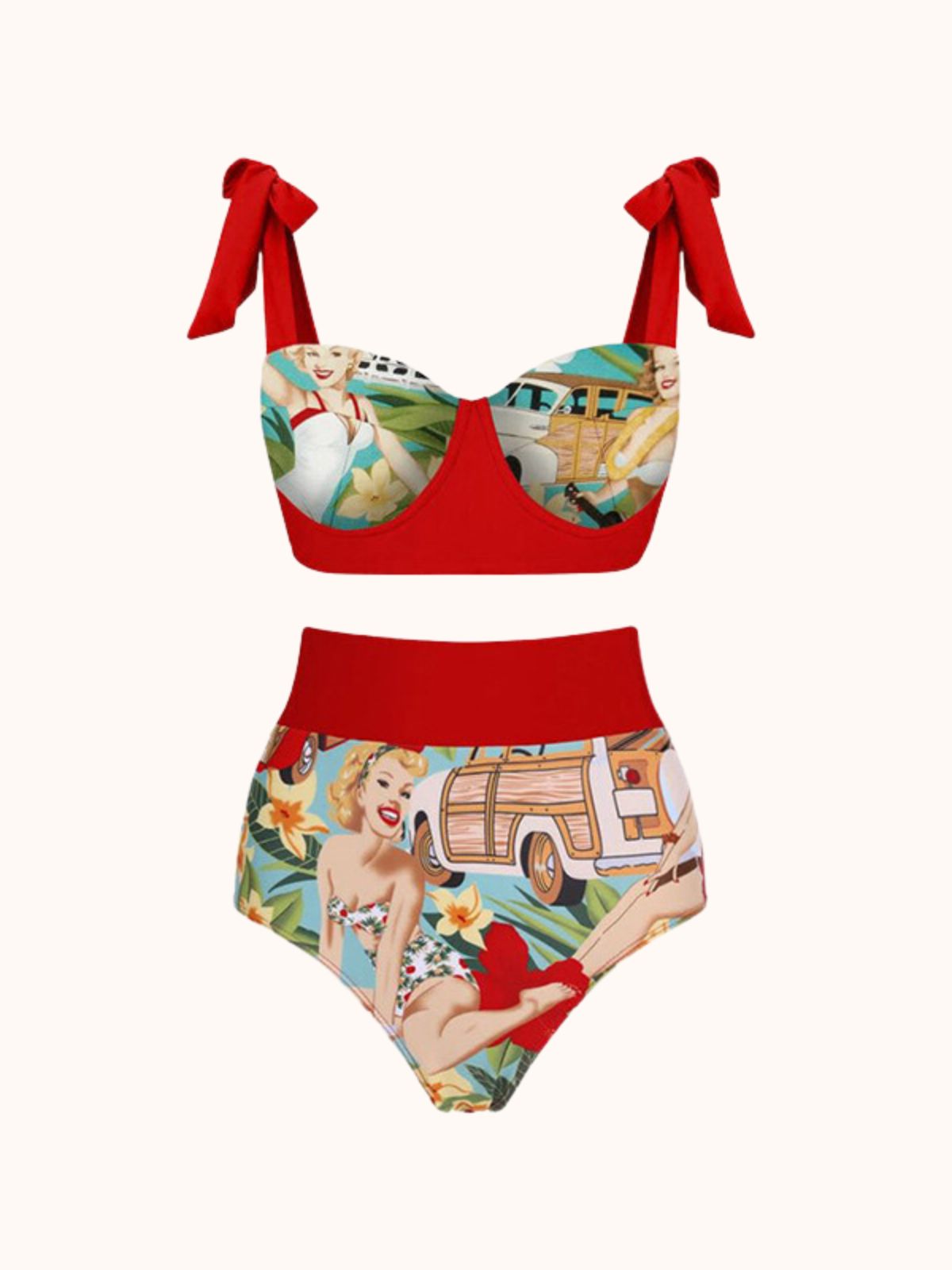 Red Printed Bikini Three Piece Set | Mix Mix Style-Mix MIx Style
