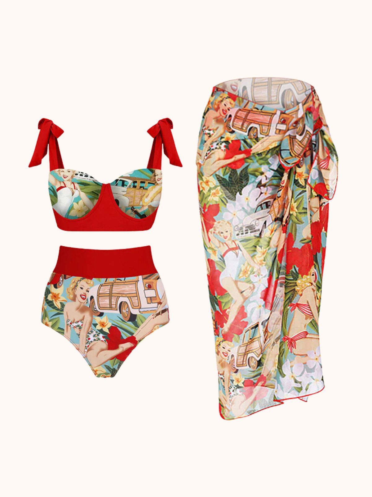 Red Printed Bikini Three Piece Set | Mix Mix Style-Mix MIx Style