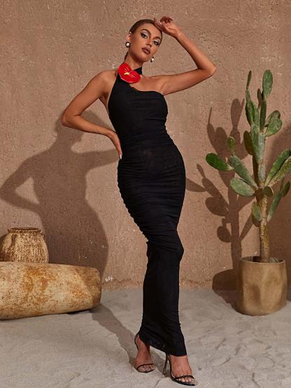 Black One Shoulder Halterneck Mesh Maxi Dress | Mix Mix Style [Hot Seller]-Mix MIx Style