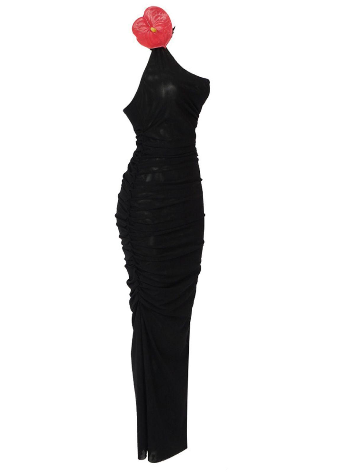 Black One Shoulder Halterneck Mesh Maxi Dress | Mix Mix Style [Hot Seller]-Mix MIx Style