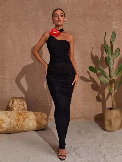 Black One Shoulder Halterneck Mesh Maxi Dress | Mix Mix Style [Hot Seller]-Mix MIx Style