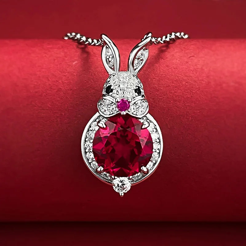 Cute Rabbit Shape Pink & White Round Cut Moissanite Diamond Pendant 18k White Gold Plated Necklace | Mix Mix Style